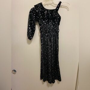 Justice Girls One Shoulder Tank Jumpsuit XS 5 6 Black Silver Stars Allover Print